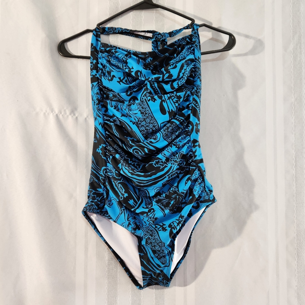 SMISMIVO TUMMY CONTROL HALTER ONE PIECE RETRO SWIMSUIT BLUE BLACK FLORAL SIZE SM